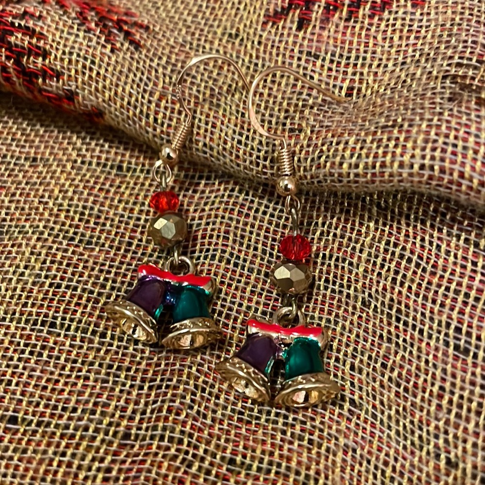 3/15 Handmade Double Sided Dangly Christmas Bells & Glass Red & Gold Beads